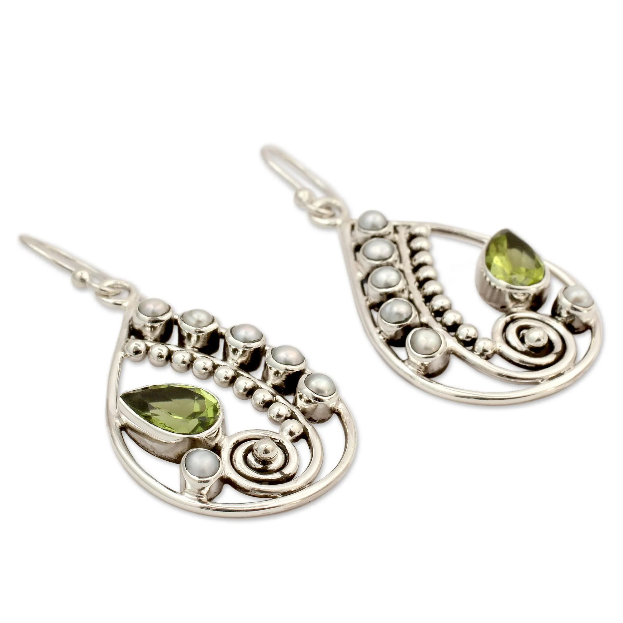 Pearl and Peridot Earrings Sterling Silver Jewelry  - Inspired Paisley | NOVICA