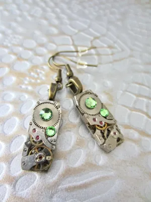 Peridot Steampunk Earrings - Watch movement jewelry - Peridot August Birthstone - Recycled - unique - one of a kind - drop dangle earrings