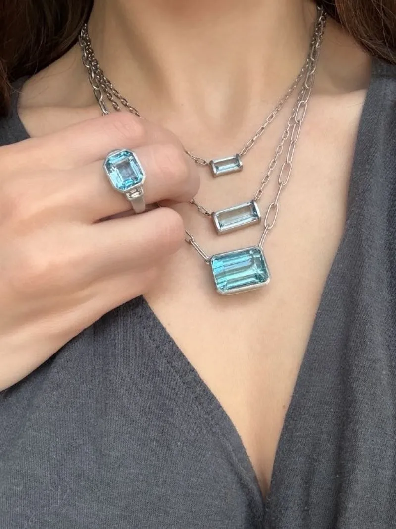 Platinum Bar Set Aquamarine Pendant Necklace - 6.2 carats