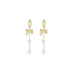 Pretty Long Pearl Bowknot Gold Earrings