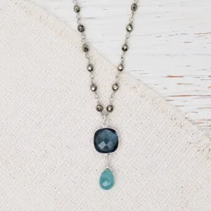 Pyrite Bead Chain with Grandidierite Pendant Necklace