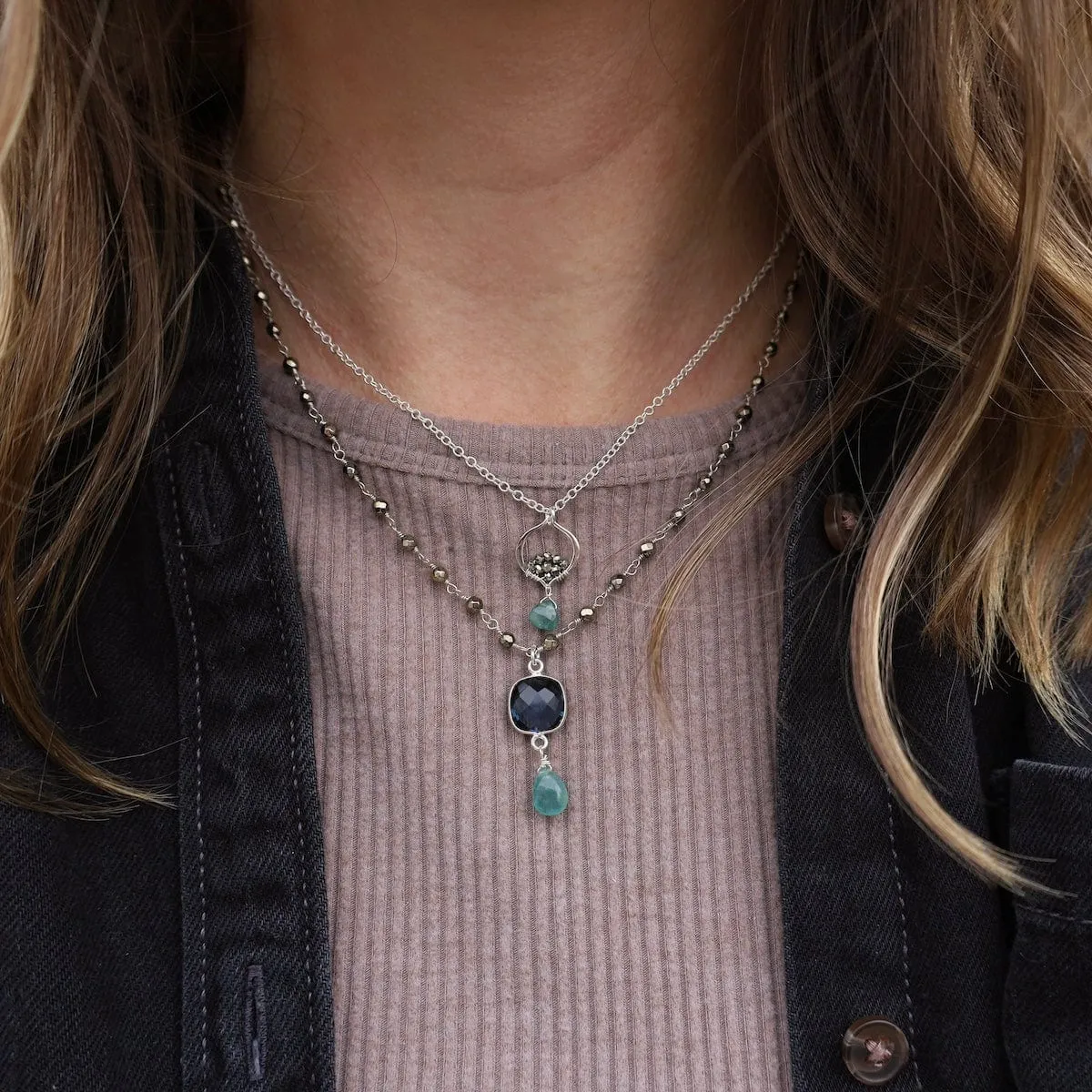 Pyrite Bead Chain with Grandidierite Pendant Necklace