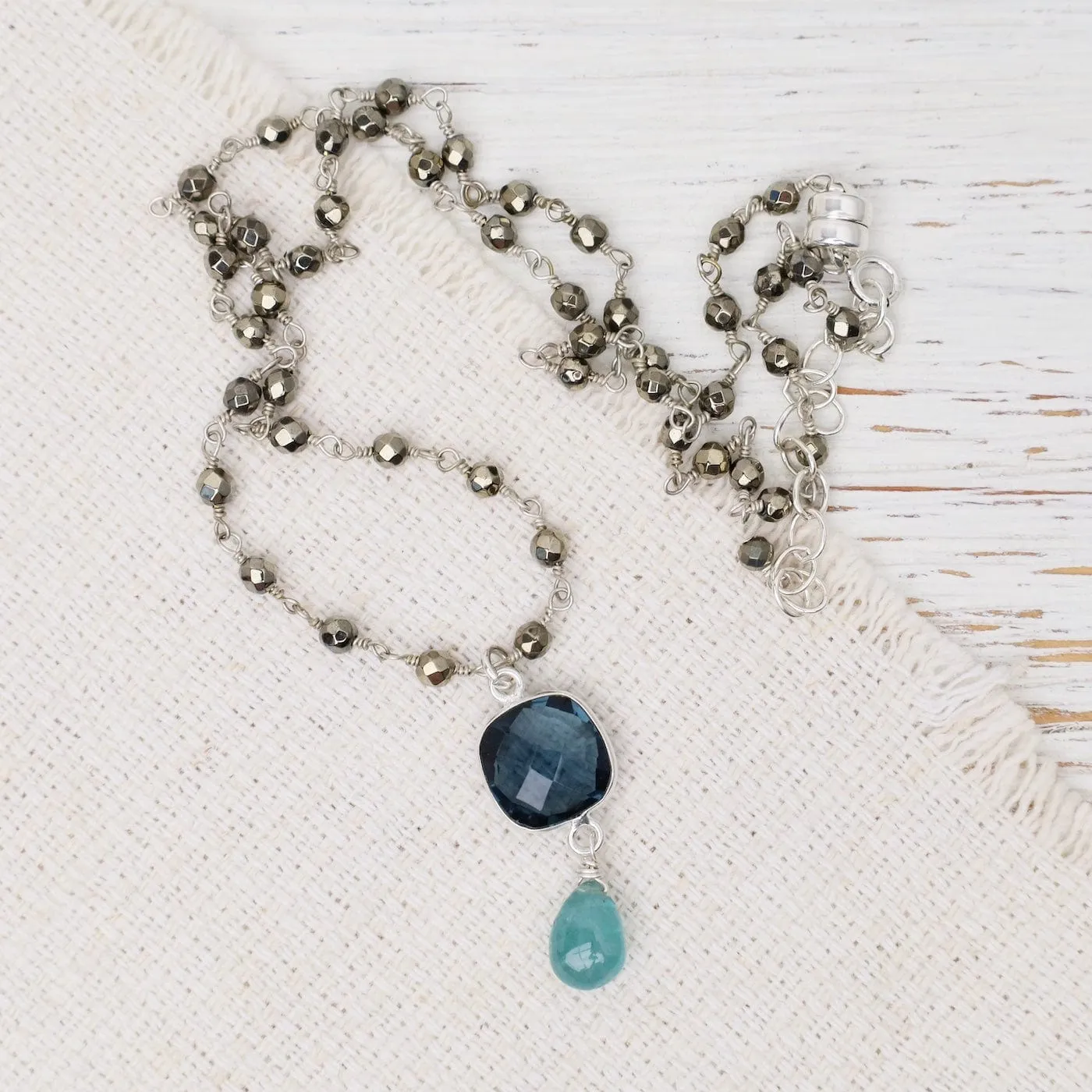 Pyrite Bead Chain with Grandidierite Pendant Necklace