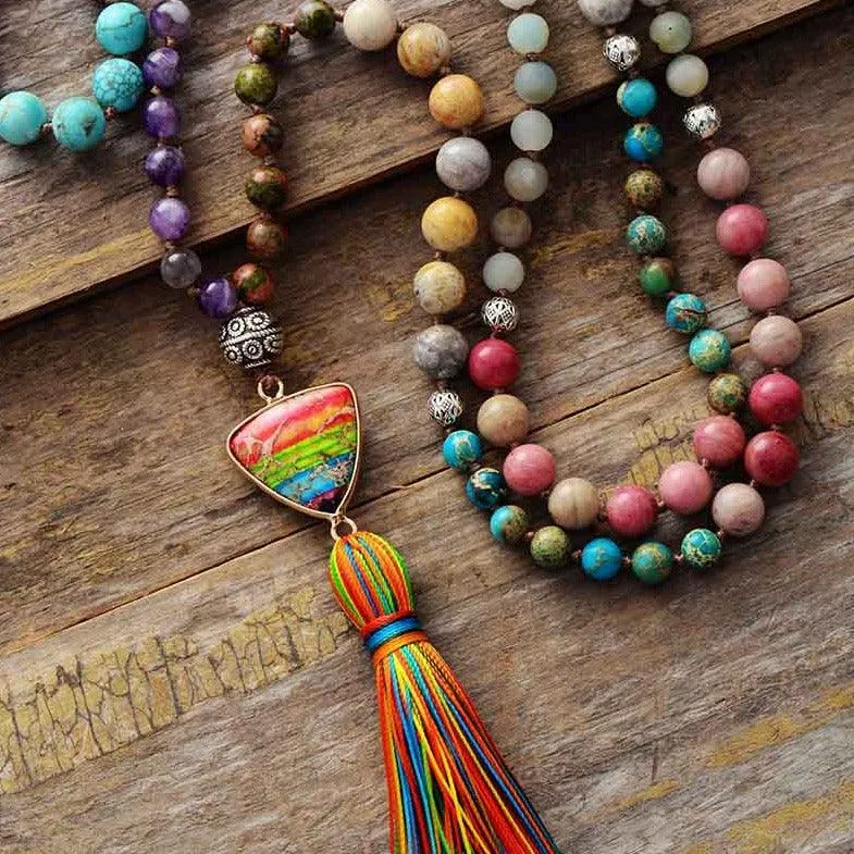 'Rainbow Pendant' Mixed Crystals 108 Mala Beads Necklace