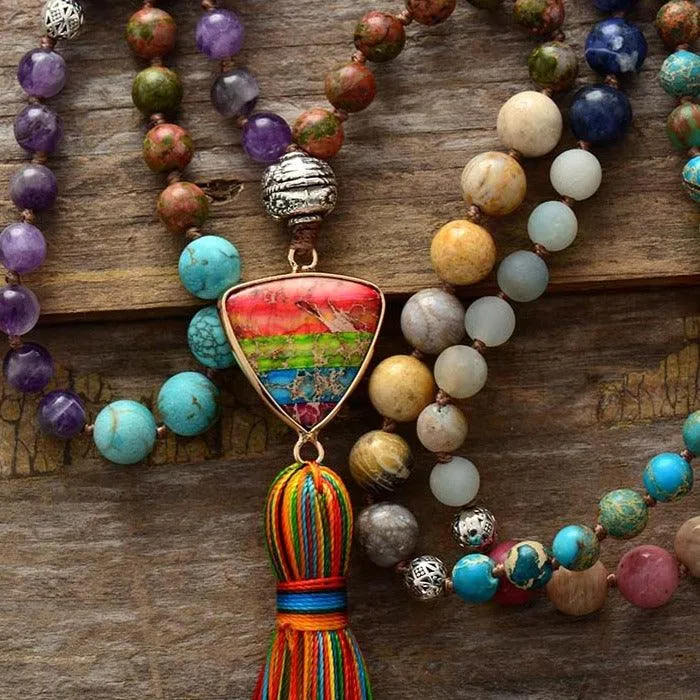 'Rainbow Pendant' Mixed Crystals 108 Mala Beads Necklace
