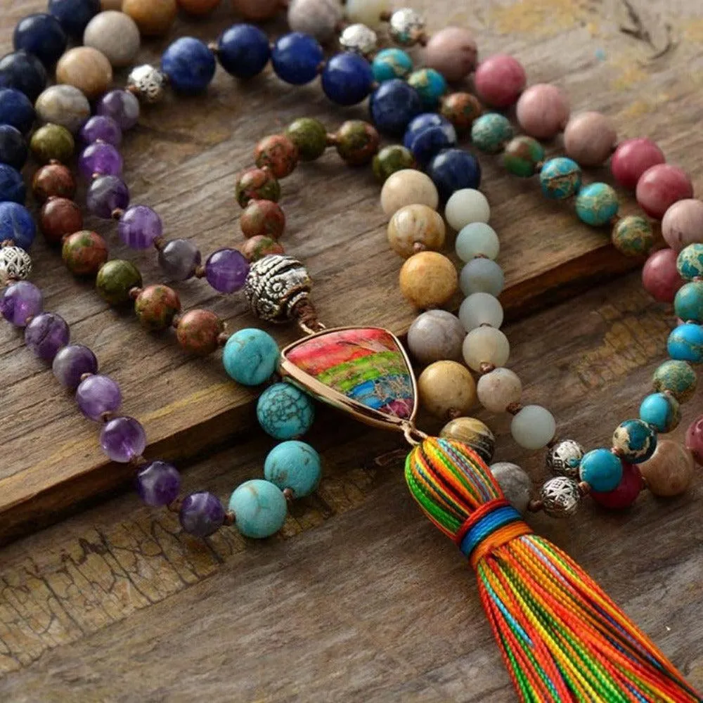 'Rainbow Pendant' Mixed Crystals 108 Mala Beads Necklace