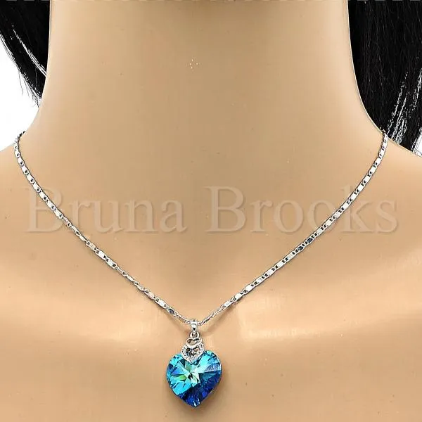 Rhodium Plated Fancy Necklace, Heart and Pave Mariner Design, with Swarovski Crystals and Micro Pave, Rhodium Tone