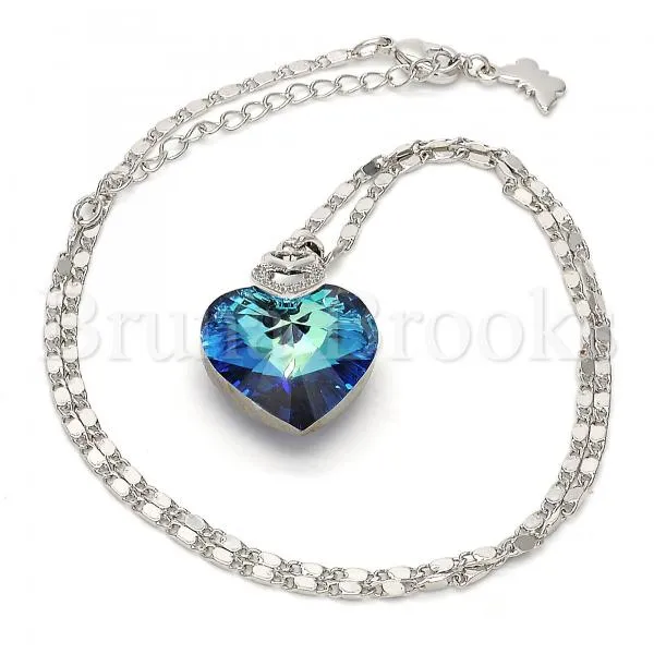 Rhodium Plated Fancy Necklace, Heart and Pave Mariner Design, with Swarovski Crystals and Micro Pave, Rhodium Tone