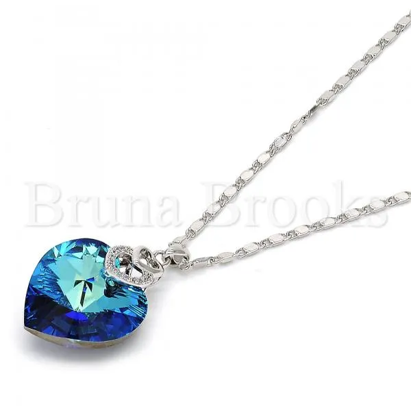 Rhodium Plated Fancy Necklace, Heart and Pave Mariner Design, with Swarovski Crystals and Micro Pave, Rhodium Tone