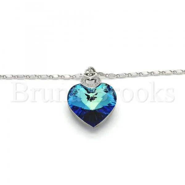 Rhodium Plated Fancy Necklace, Heart and Pave Mariner Design, with Swarovski Crystals and Micro Pave, Rhodium Tone