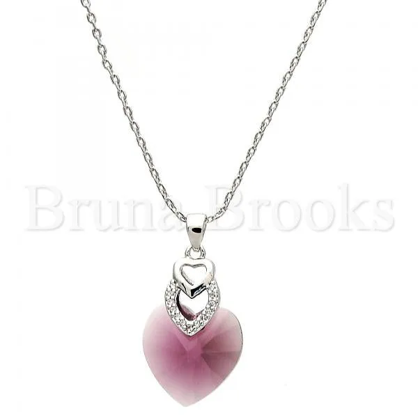 Rhodium Plated Fancy Necklace, Heart and Pave Mariner Design, with Swarovski Crystals and Micro Pave, Rhodium Tone