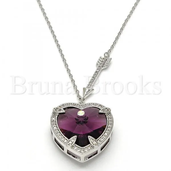 Rhodium Plated Fancy Necklace, Heart Design, with Swarovski Crystals and Micro Pave, Rhodium Tone