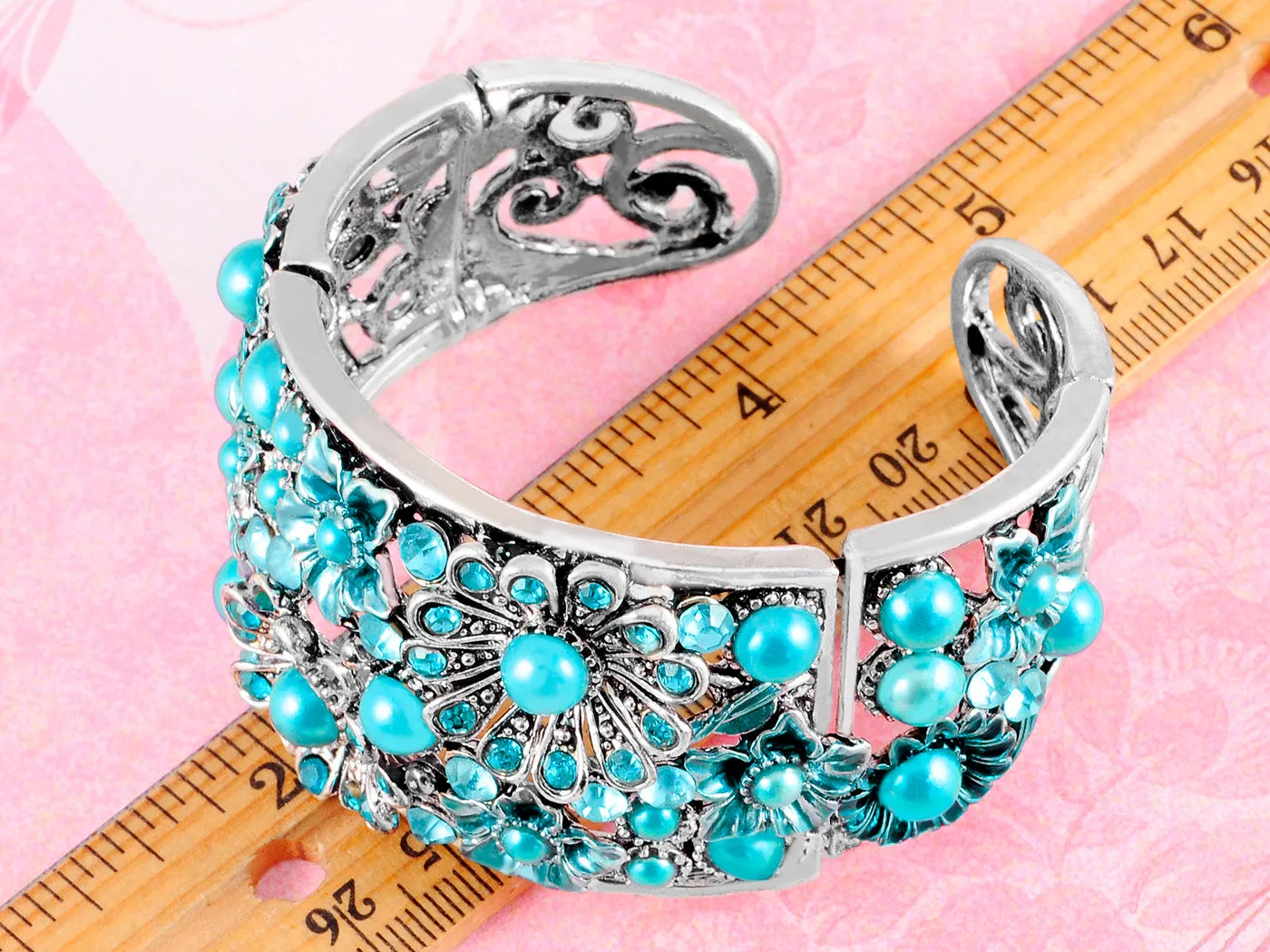Sapphire Painted Flower Teal Teardrop Cuff Bangle Bracelet