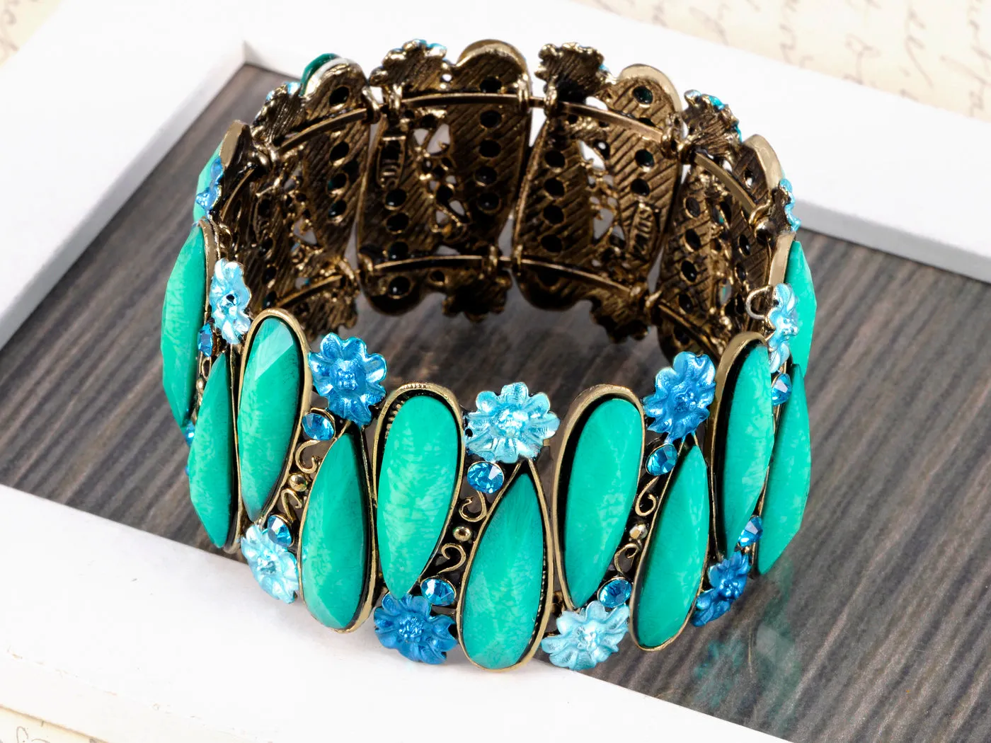 Sapphire Painted Flower Teal Teardrop Cuff Bangle Bracelet