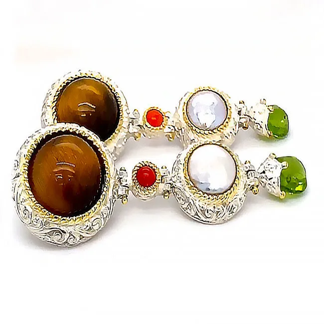 SETI 110 - Silver gold Tiger Eye  Pearl &  Peridot Silver Earrings