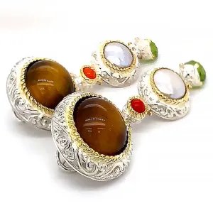 SETI 110 - Silver gold Tiger Eye  Pearl &  Peridot Silver Earrings