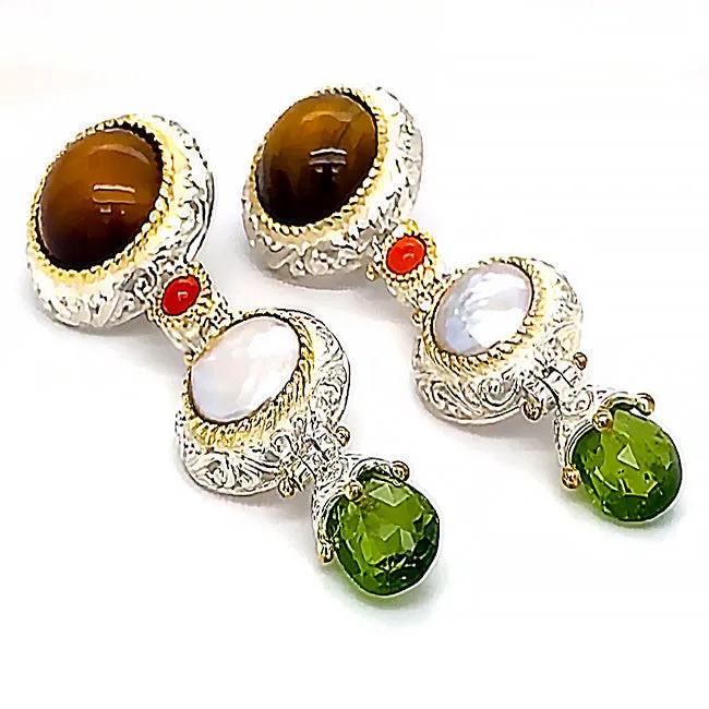 SETI 110 - Silver gold Tiger Eye  Pearl &  Peridot Silver Earrings
