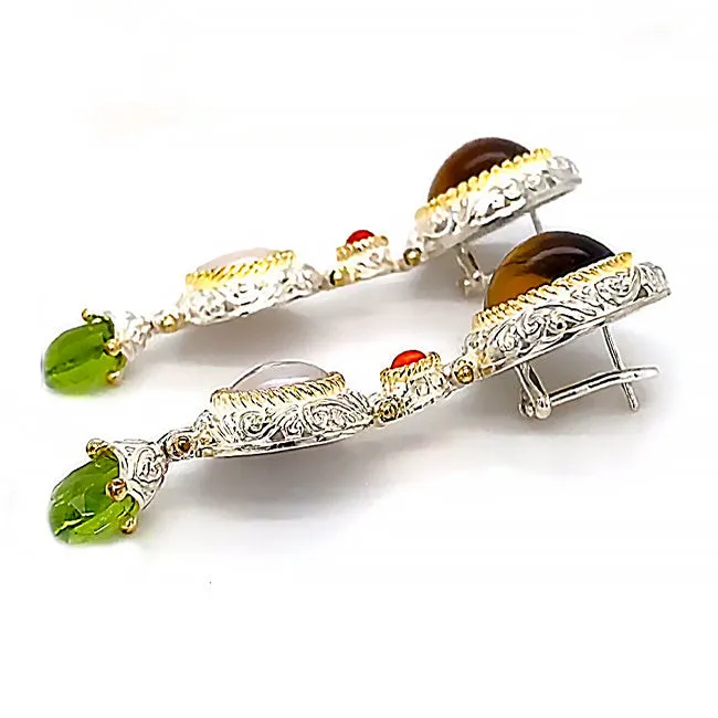 SETI 110 - Silver gold Tiger Eye  Pearl &  Peridot Silver Earrings