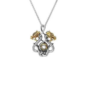Silver and 10k Gold Double Headed Dragon Pendant Small - White Topaz