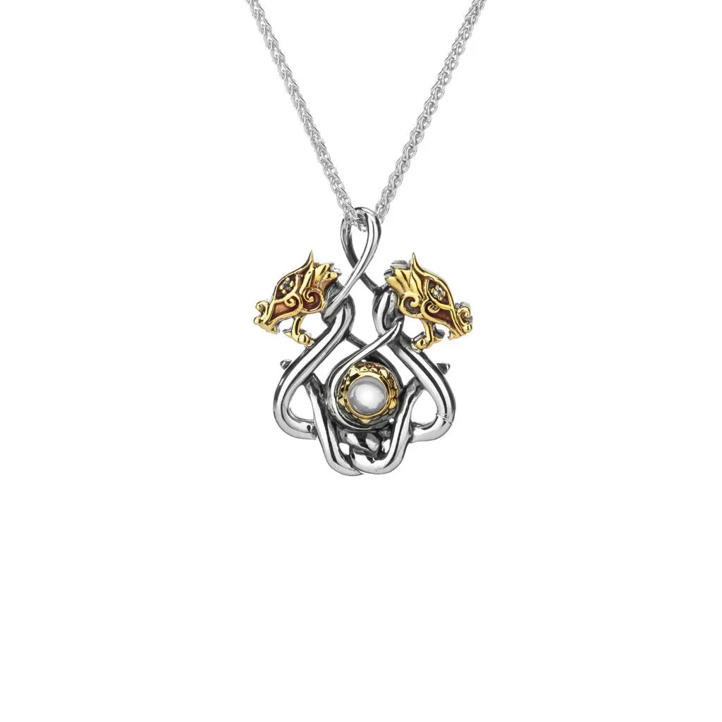 Silver and 10k Gold Double Headed Dragon Pendant Small - White Topaz