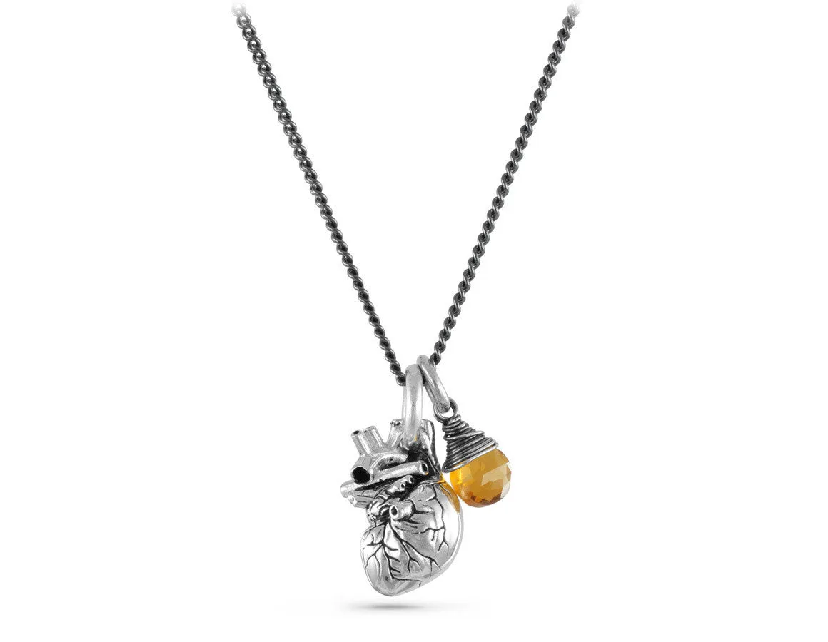 Small Anatomical Heart Necklace with Citrine - Silver