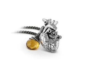 Small Anatomical Heart Necklace with Citrine - Silver