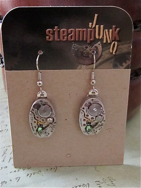 Steampunk ear gear - Peridot - Steampunk Earrings - Repurposed art