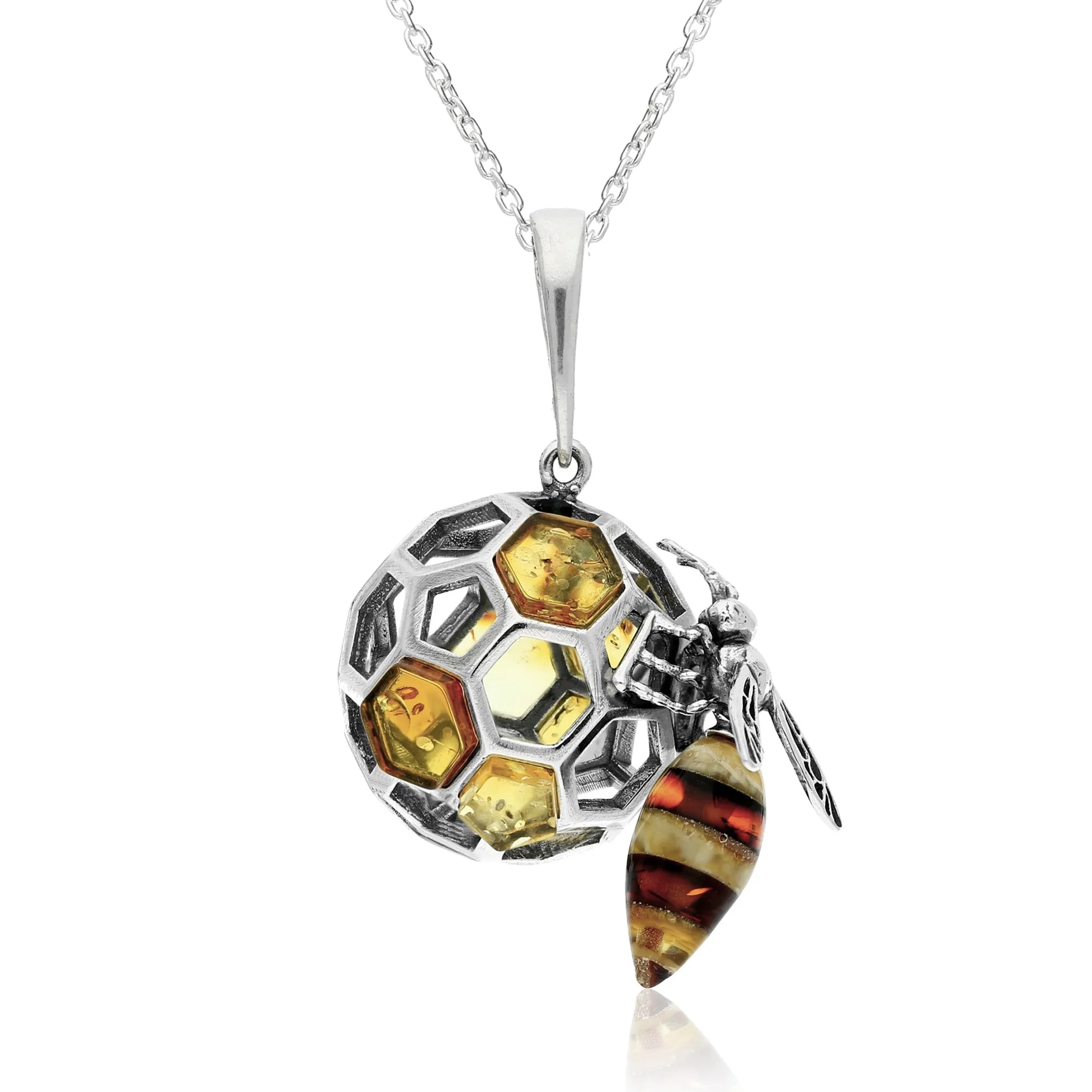 Sterling Silver Amber Honeycomb Bee XL Pendant