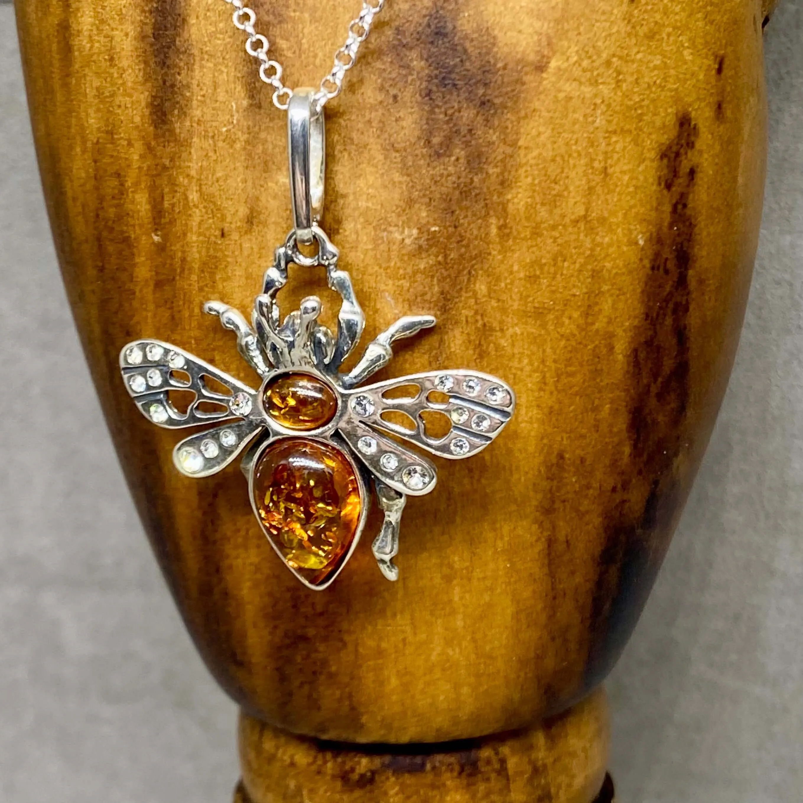 Sterling Silver & Baltic Amber Cubic Zirconia Bee pendant