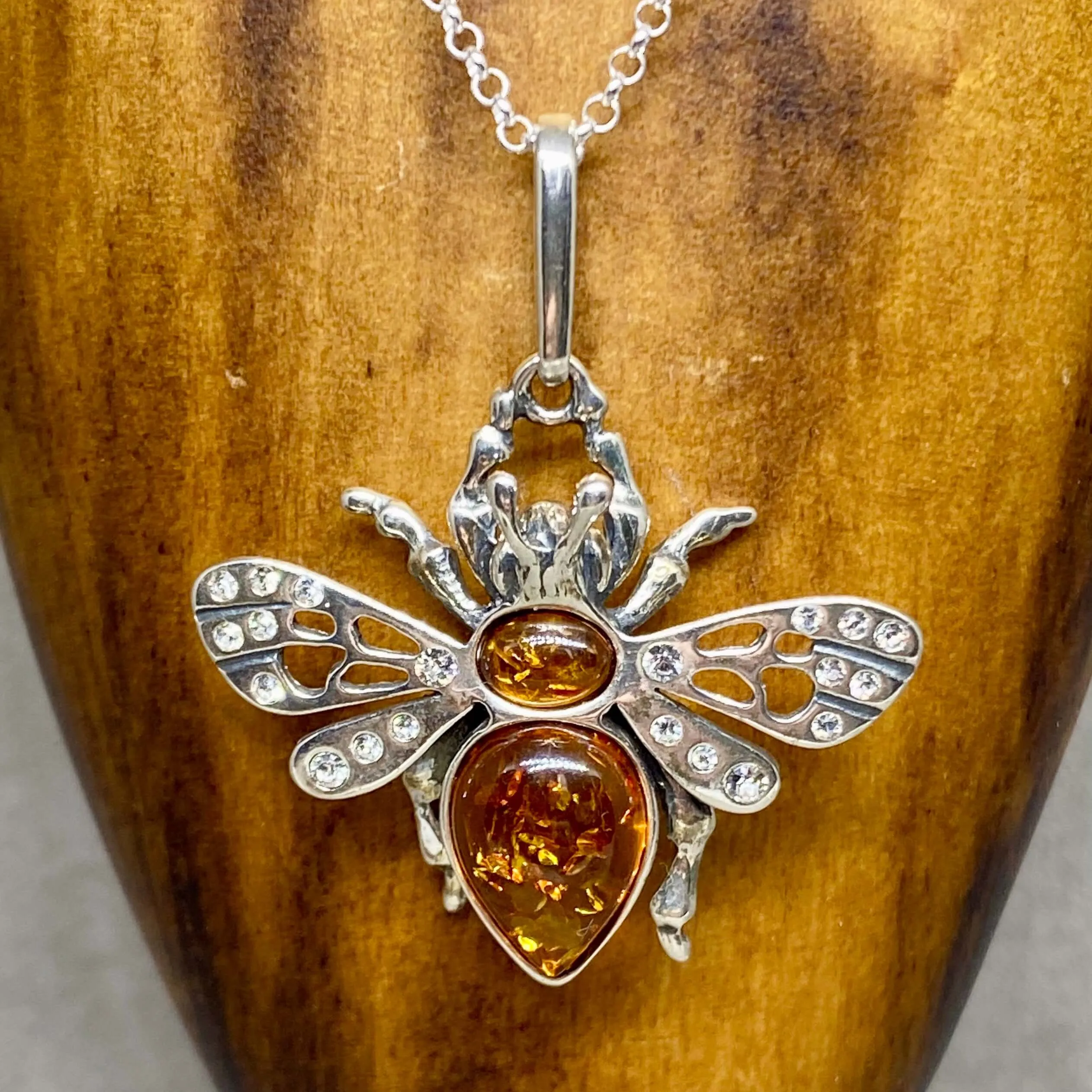 Sterling Silver & Baltic Amber Cubic Zirconia Bee pendant