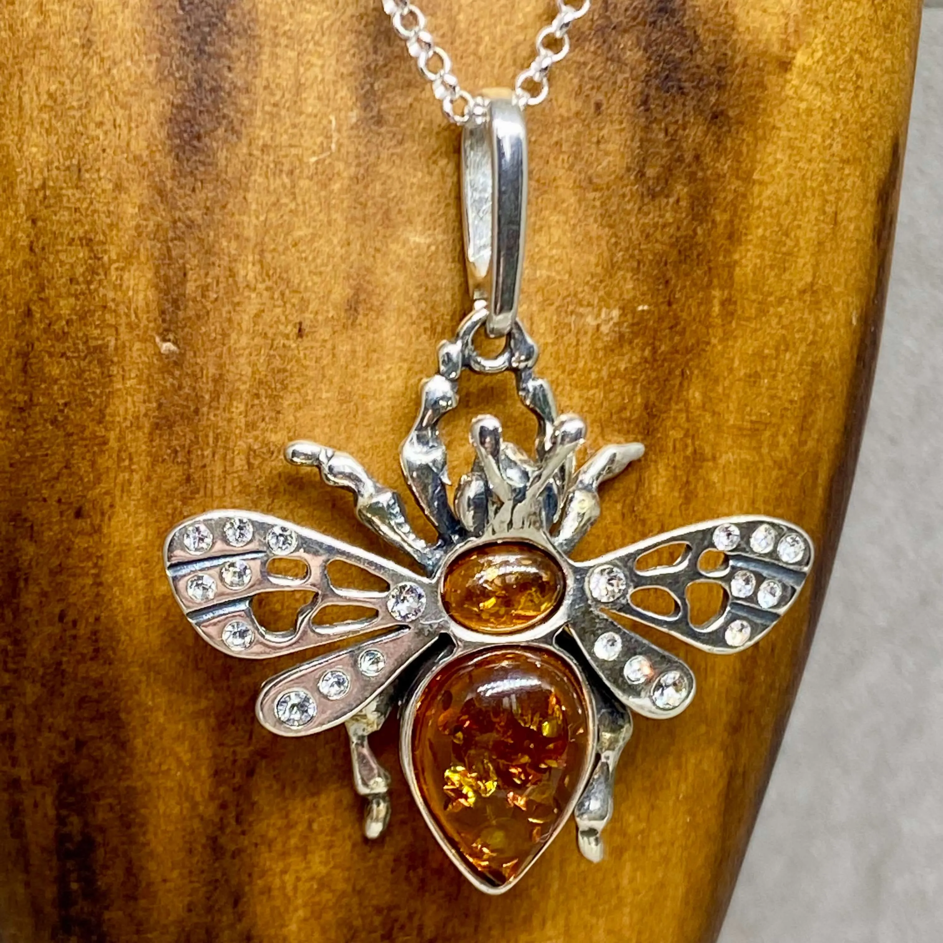 Sterling Silver & Baltic Amber Cubic Zirconia Bee pendant