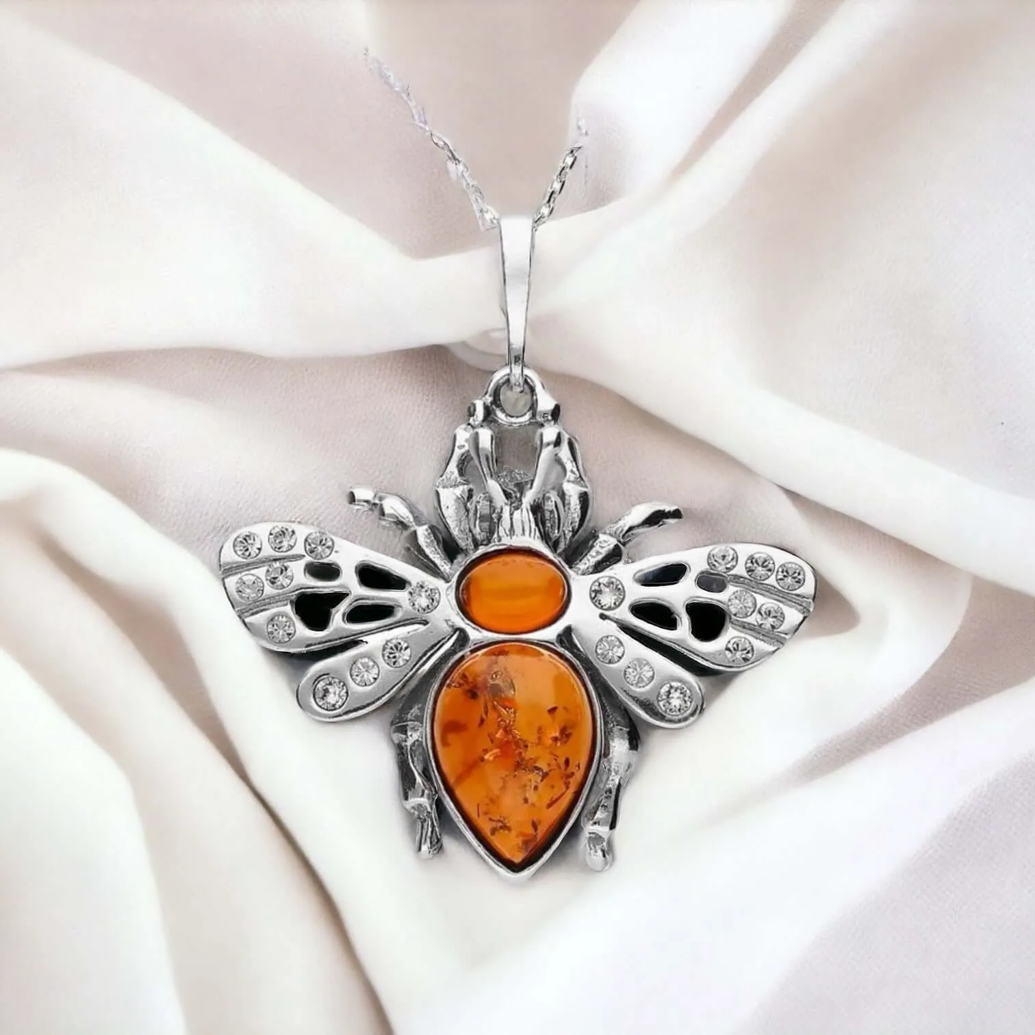 Sterling Silver & Baltic Amber Cubic Zirconia Bee pendant
