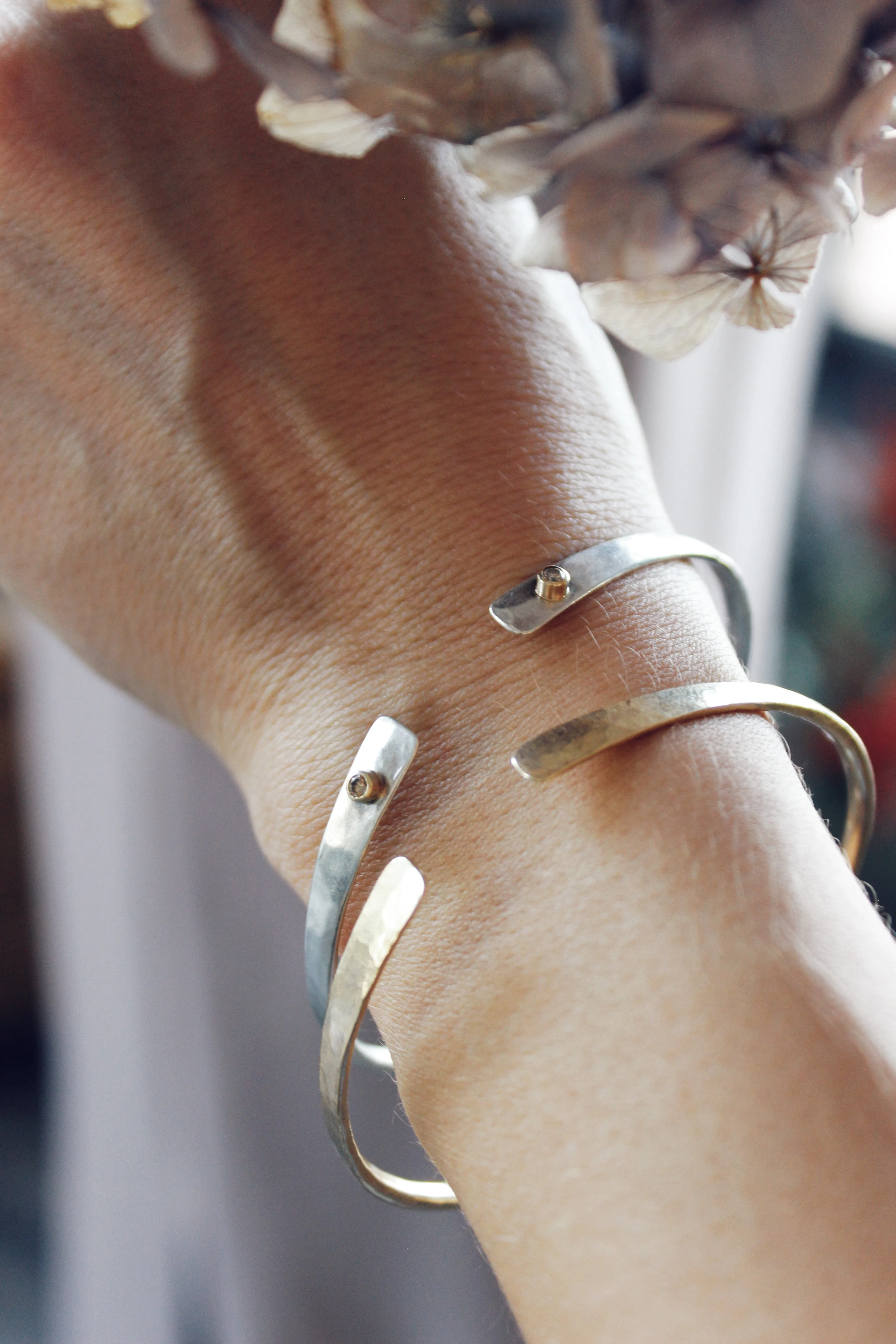 Sterling Silver Bracelet with Gold tubes and Champagne Diamonds