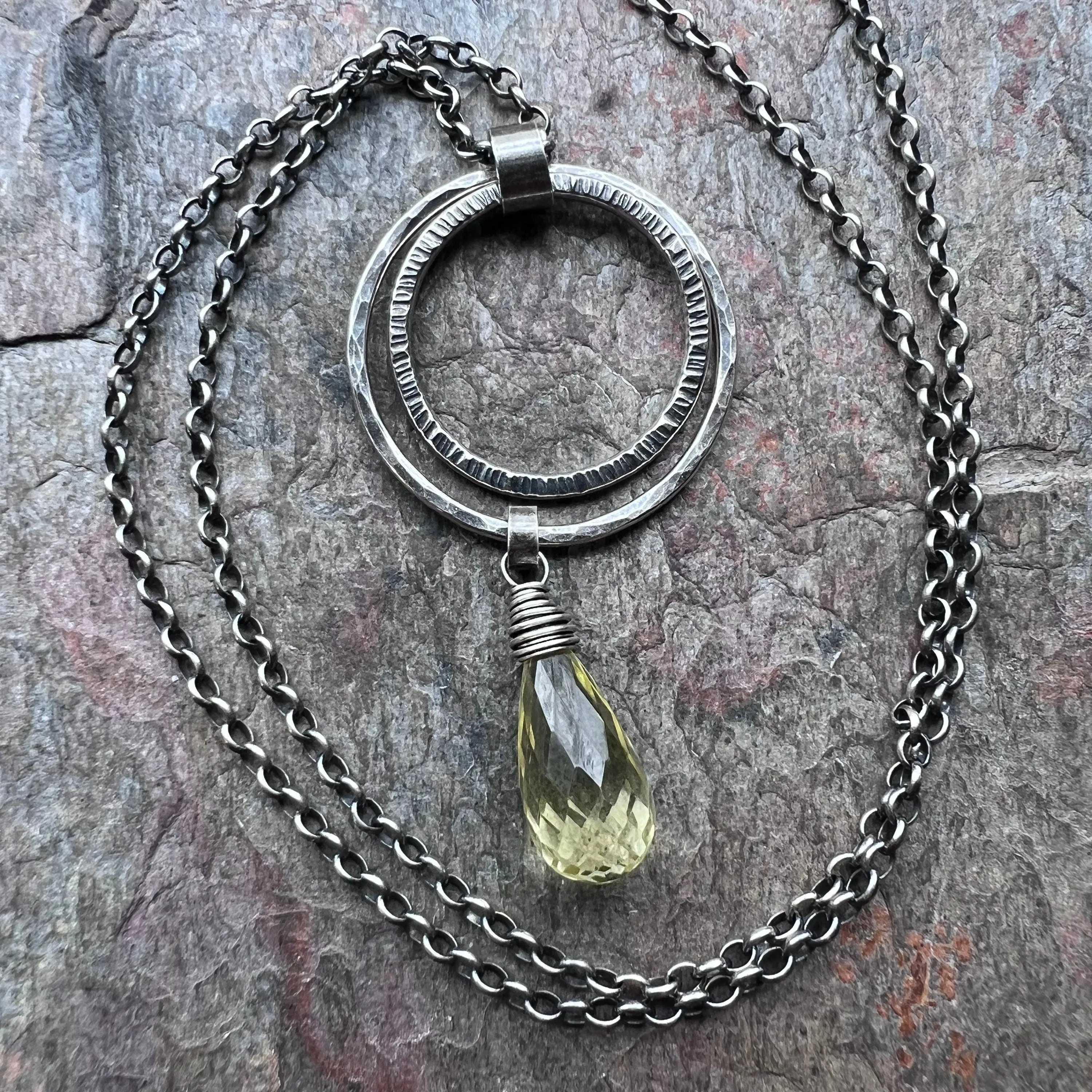 Sterling Silver Lemon Topaz Necklace - Genuine Lemon Topaz and Hammered Rings Pendant on Sterling Silver Chain - Handmade Jewelry