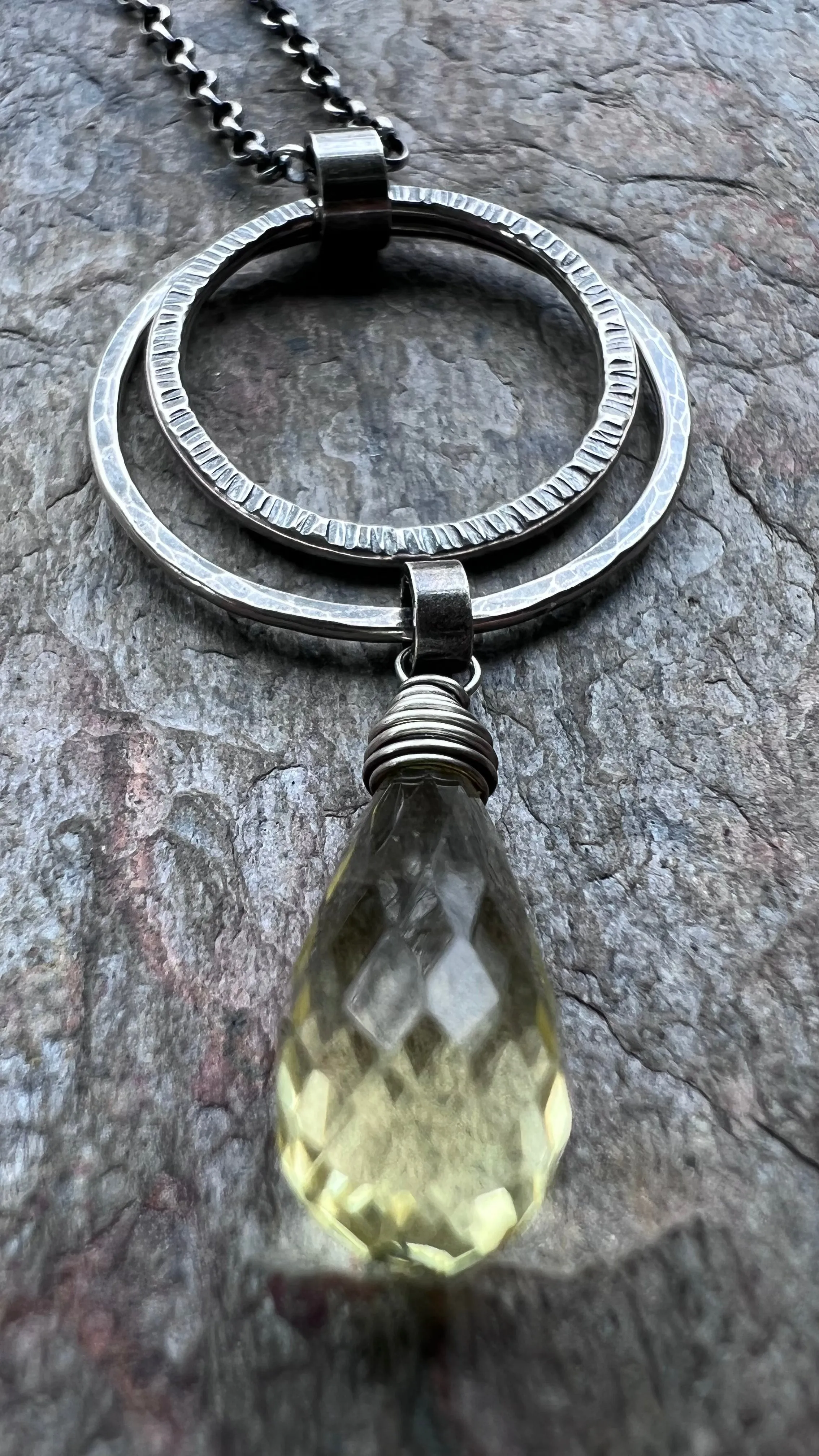 Sterling Silver Lemon Topaz Necklace - Genuine Lemon Topaz and Hammered Rings Pendant on Sterling Silver Chain - Handmade Jewelry