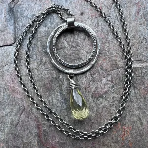 Sterling Silver Lemon Topaz Necklace - Genuine Lemon Topaz and Hammered Rings Pendant on Sterling Silver Chain - Handmade Jewelry
