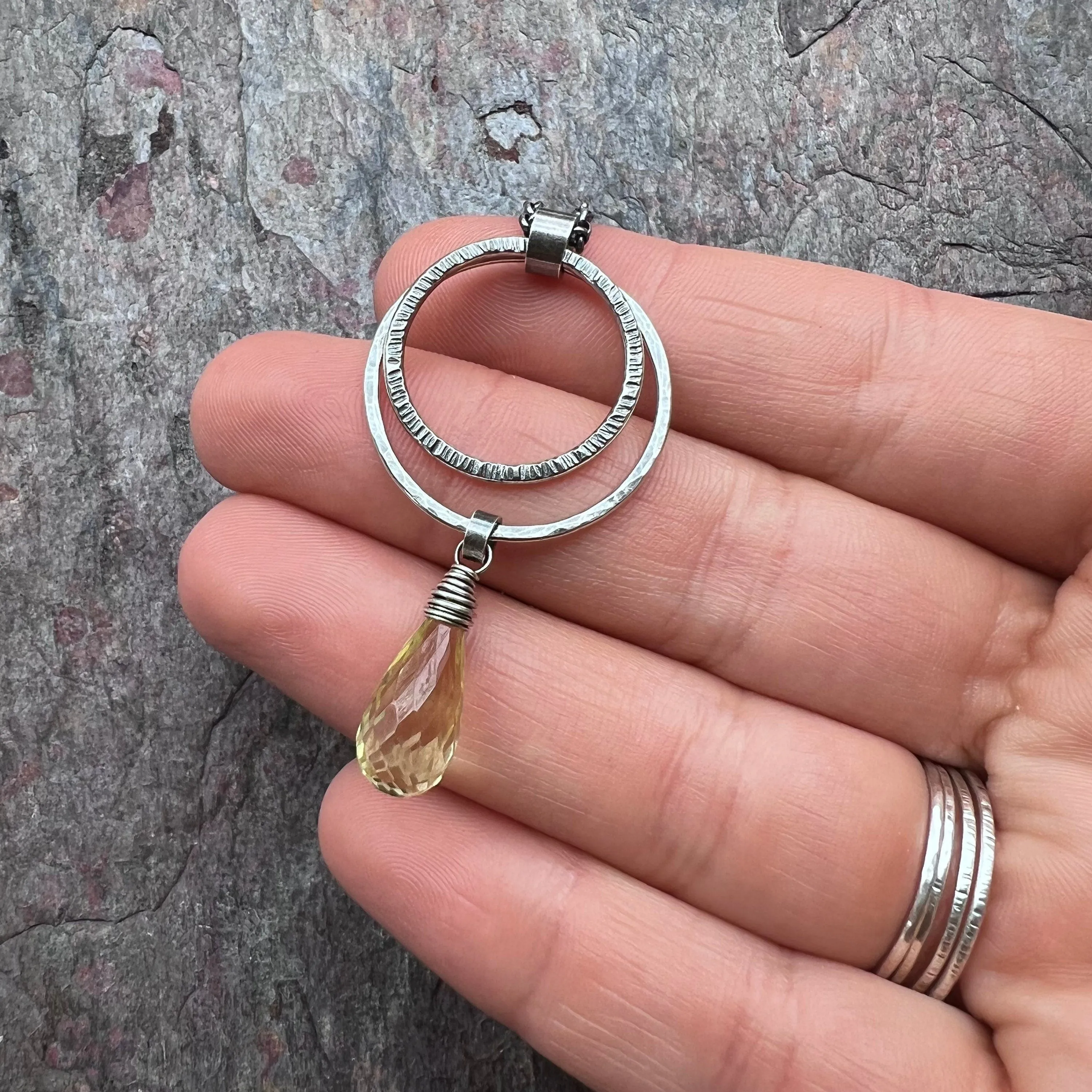Sterling Silver Lemon Topaz Necklace - Genuine Lemon Topaz and Hammered Rings Pendant on Sterling Silver Chain - Handmade Jewelry