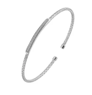Sterling Silver Mesh CZ Bar Flex Cuff Bracelet (SI5291)