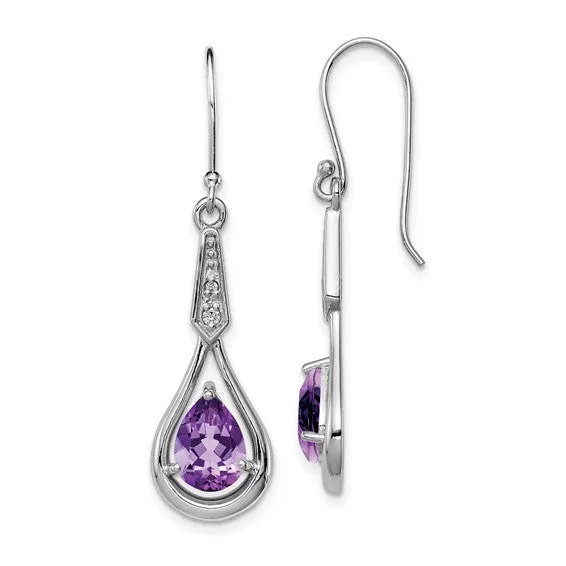 Sterling Silver Pear Gemstone and CZ Shepherd Hook Earrings