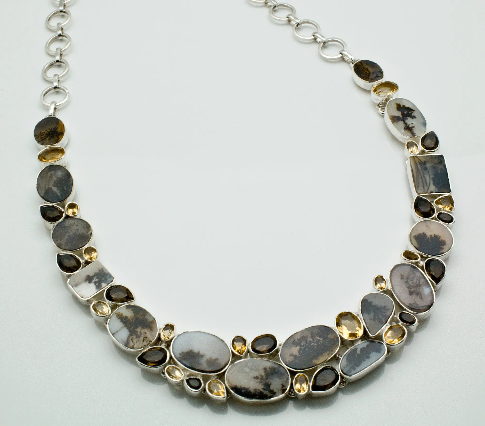 Sterling Silver Scenic Dendritic Agate with Smoky Quartz and Citrine Necklace