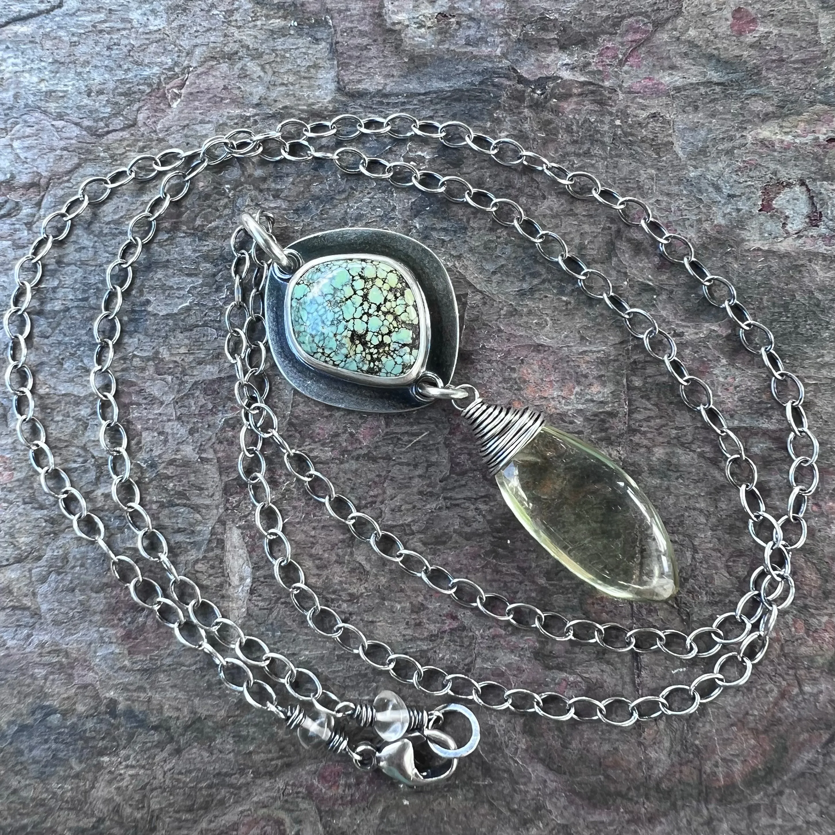 Sterling Silver Variscite and Citrine Necklace - One-of-a-Kind Pendant on Sterling Silver Chain
