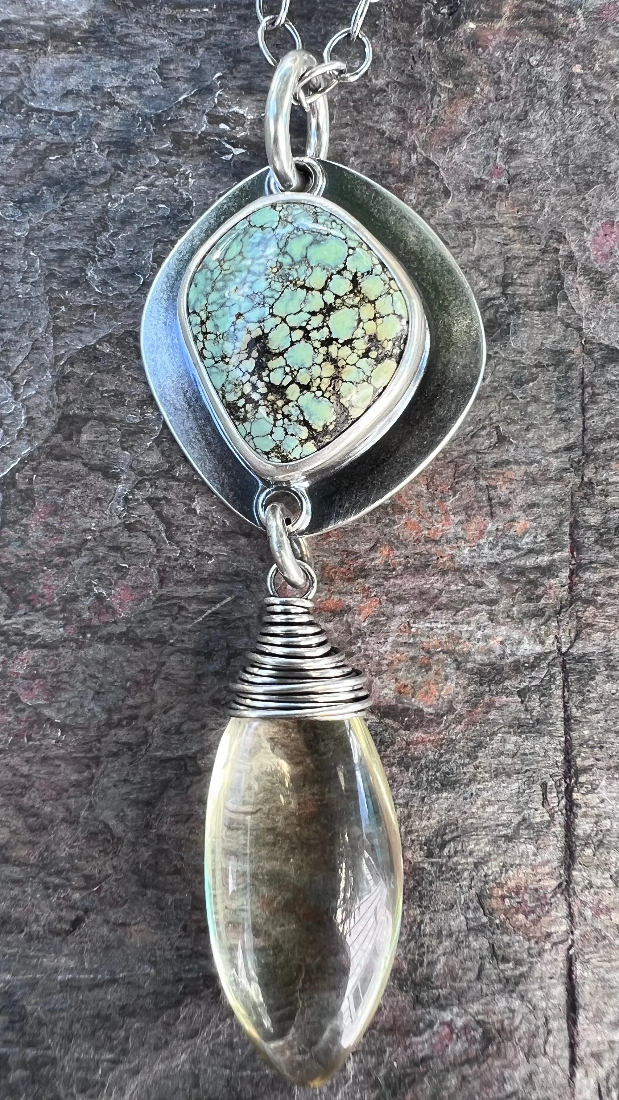 Sterling Silver Variscite and Citrine Necklace - One-of-a-Kind Pendant on Sterling Silver Chain