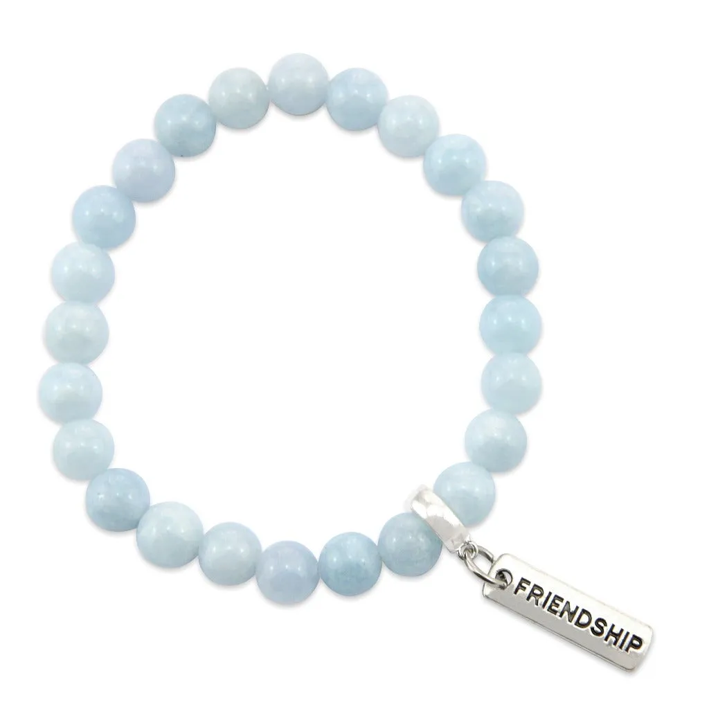 Stone Bracelet - Aquamarine Stone 8mm Beads - with Silver Word charm