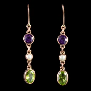 Suffragette Triple Drop Earrings 0.30Ct Amethyst 0.75Ct Peridot 9Ct Rose Gold
