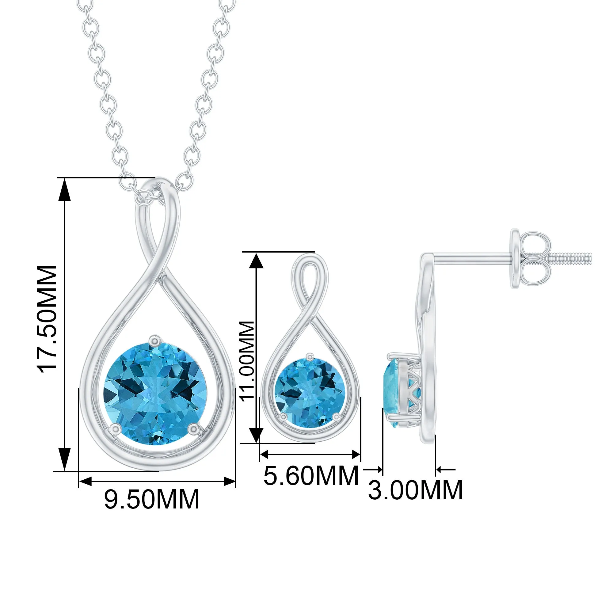 Swiss Blue Topaz Solitaire Pendant and Earring Set with Infinity Design