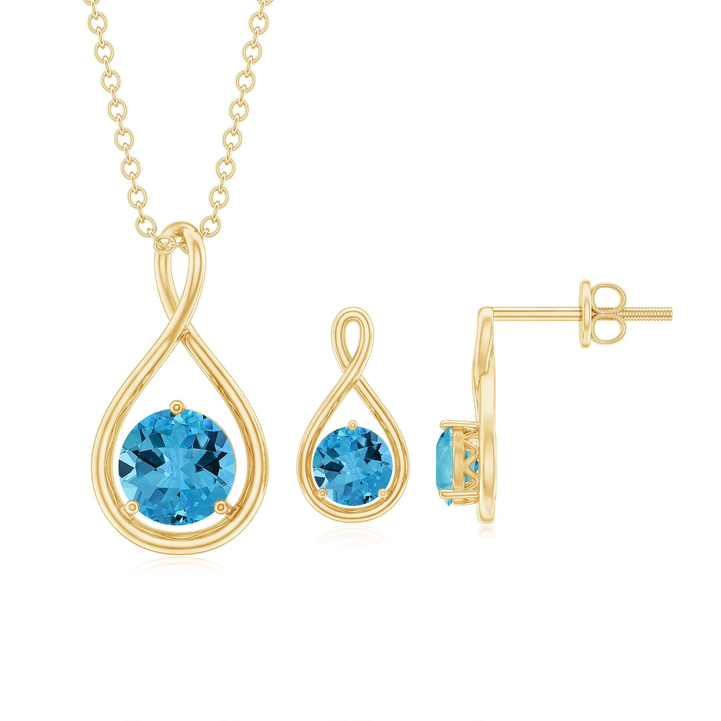 Swiss Blue Topaz Solitaire Pendant and Earring Set with Infinity Design