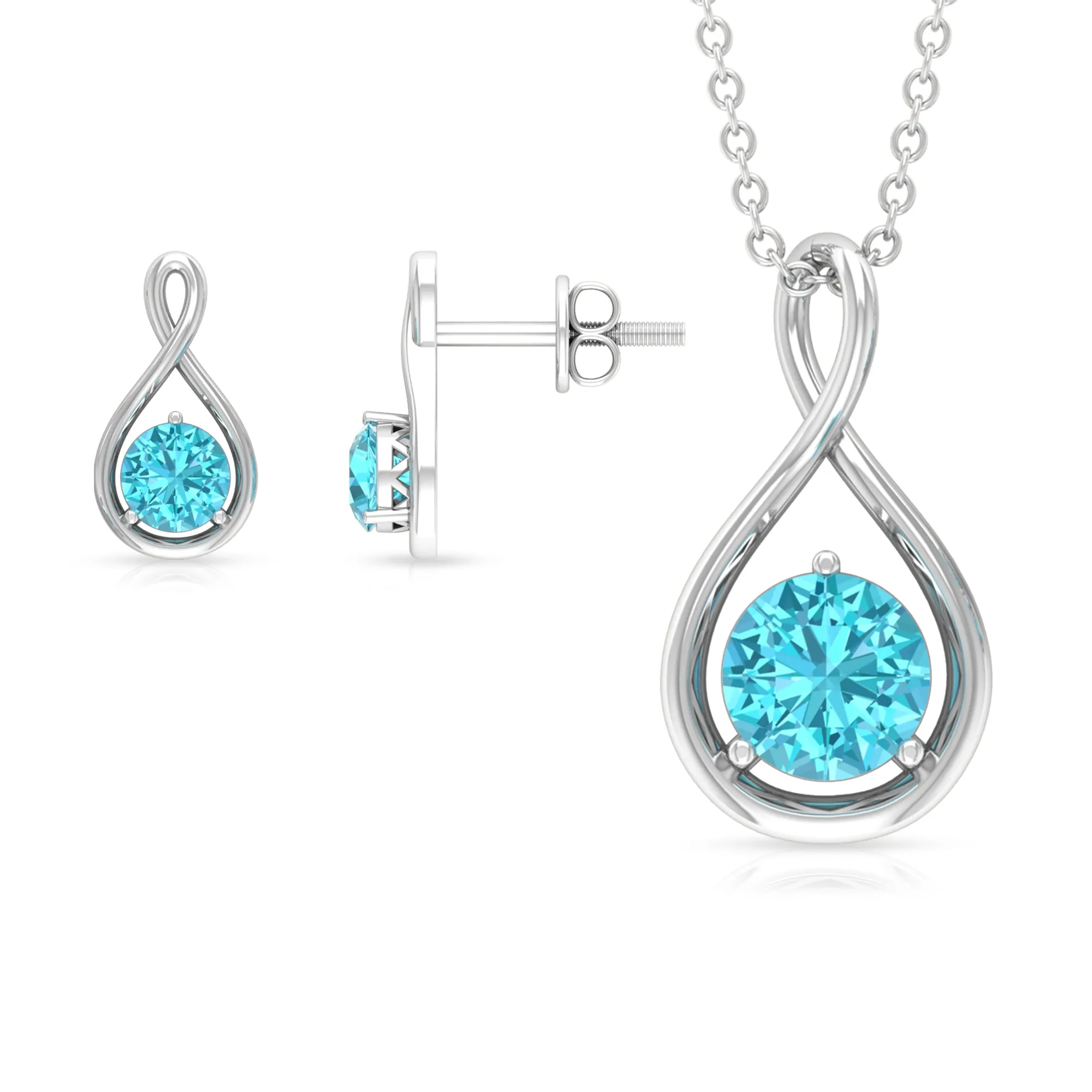 Swiss Blue Topaz Solitaire Pendant and Earring Set with Infinity Design