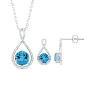 Swiss Blue Topaz Solitaire Pendant and Earring Set with Infinity Design