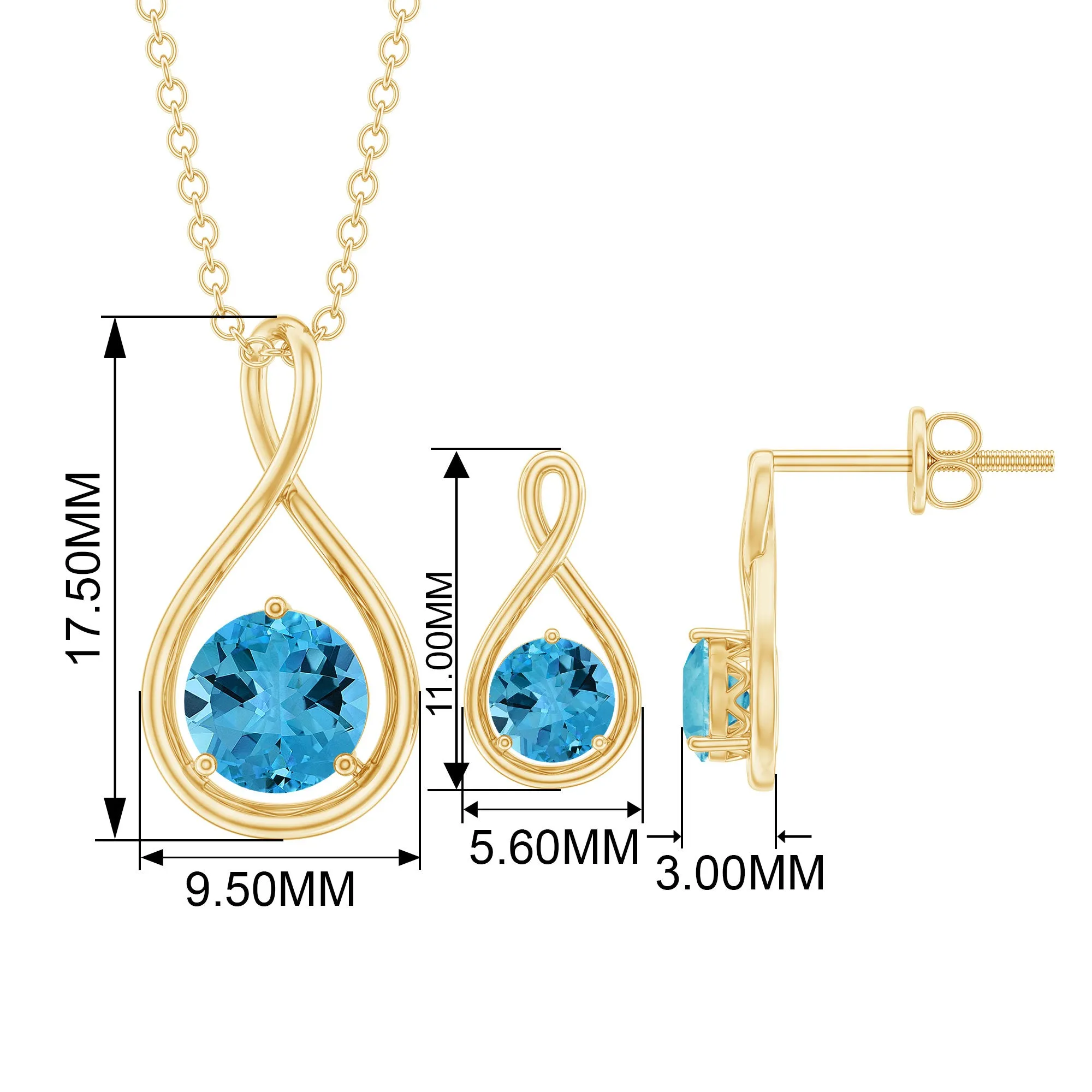 Swiss Blue Topaz Solitaire Pendant and Earring Set with Infinity Design