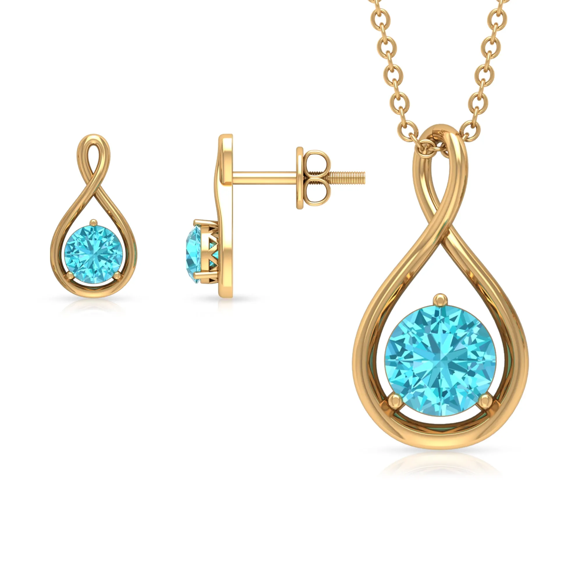 Swiss Blue Topaz Solitaire Pendant and Earring Set with Infinity Design